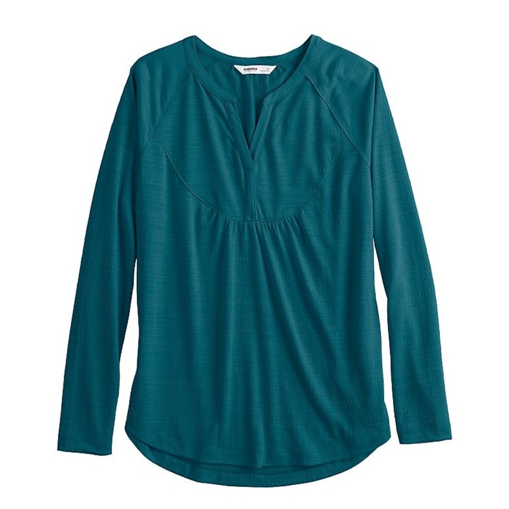 Sonoma Teal Raglan Henley V Neck Blouse Long Sleeve Top Size Medium NWT
